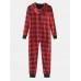 Mens Classical Plaid Print Front Pocket Long Sleeve Zipper Hooded Jumpsuit Home One  Piece Pajamas