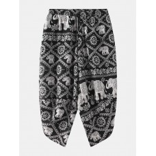 Mens Ethnic Style Print Drawdtring Asymmetrical Harem Pants