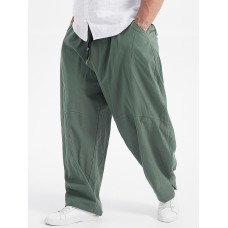 Plus Size Mens 100  Cotton Solid Color Loose Wide Leg Pants With Pocket