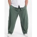 Plus Size Mens 100  Cotton Solid Color Loose Wide Leg Pants With Pocket