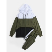 Mens Tricolor Patchwork Hoodie Jacket Drawstring Jogger Pants Sport Two Piece Set