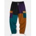 Men Patchwork Color Block Side Pockets Drawstring Street Pants